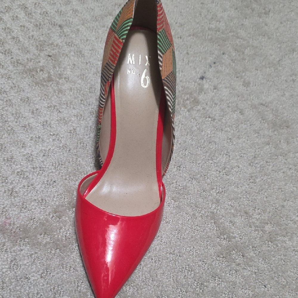 Mix No. 6 Red Pointed-Toe Pump with Multicolor Patterned Upper